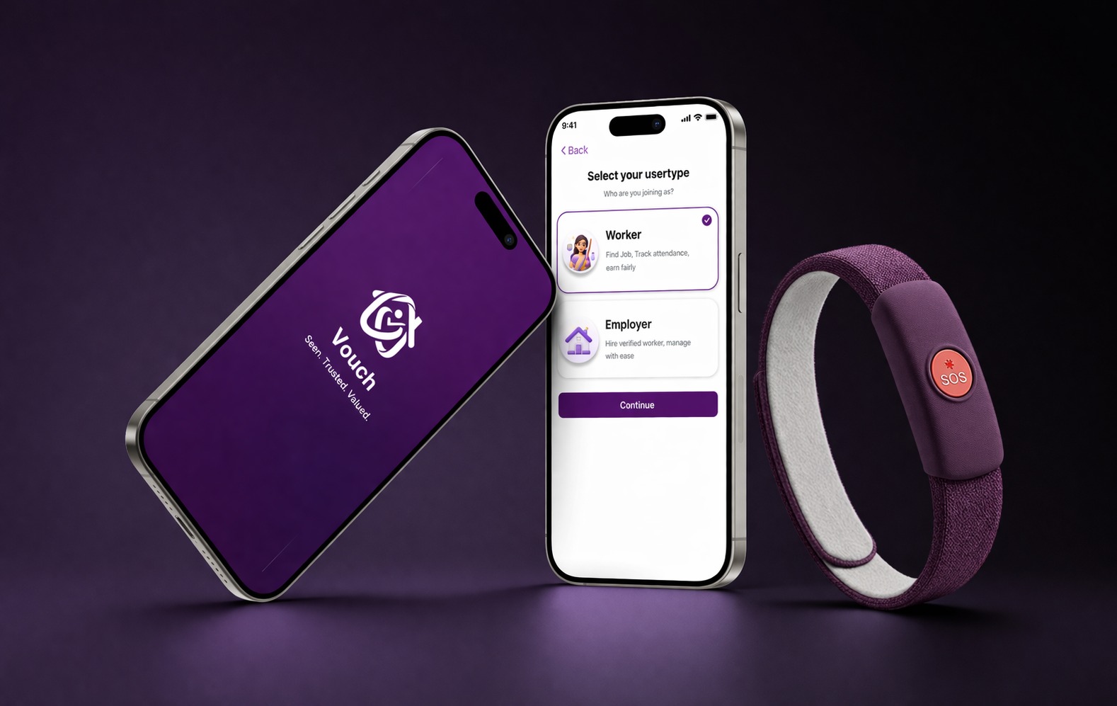 VOUCH app shown on two phones with a purple SOS safety wristband — splash screen and the worker/employer user-type selection flow.