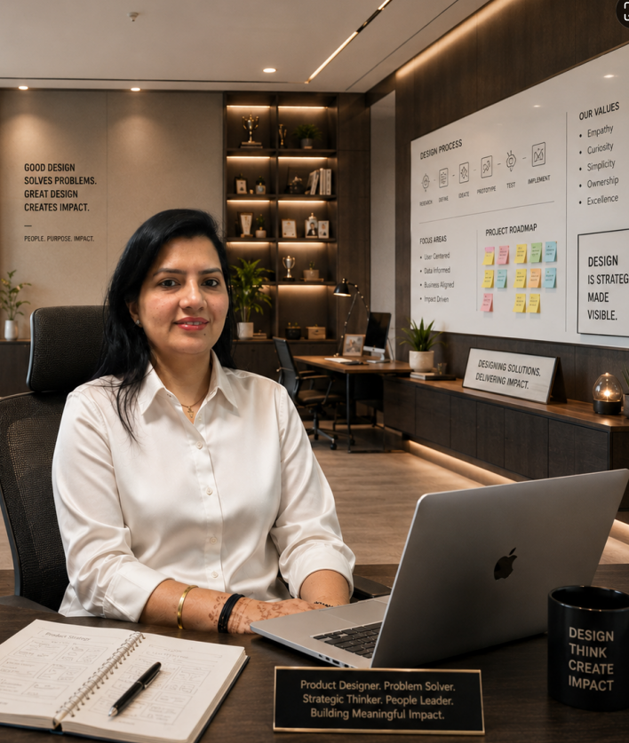 Bhavisha Ramtani, Product Designer and UX Researcher, at her desk